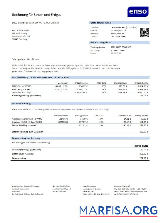 Blank Germany ENSO rechnung für strom und erdgas utility bill example